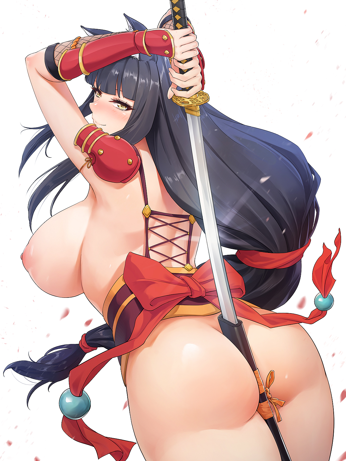 animal ear fluff, animal ears, arm guards, arms up, ass, back, bangs, beads, between buttocks, black hair, blush, bottomless, breasts, closed mouth, commentary, convenient censoring, female, fox ears, from behind, hair ornament, half-closed eyes, highres, holding, holding object between buttocks, holding sword, holding weapon, katana, large breasts, long hair, looking at viewer, looking back, low-tied long hair, nipples, no bra, no panties, nude, obaoba (monkeyix), obi, original, red ribbon, ribbon, sash, shiny, shiny hair, shoulder blades, shoulder pads, sidelocks, simple background, smile, standing, sword, symbol commentary, very long hair, weapon, weapon between ass, weapon between buttocks, white background, yellow eyes