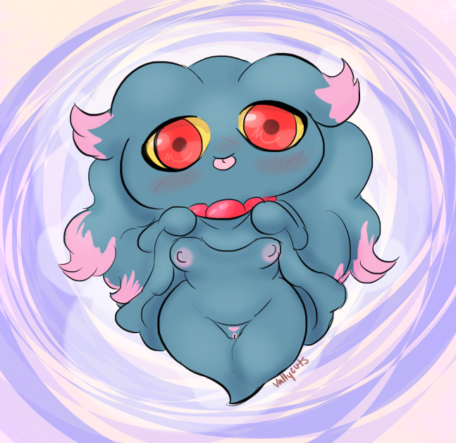 anthro blush breasts female ghost looking_at_viewer misdreavus nintendo nipples nude pokémon_(species) pokemon pokemon_gsc pussy red_eyes simple_background solo spirit tongue tongue_out vallycuts video_games yellow_sclera