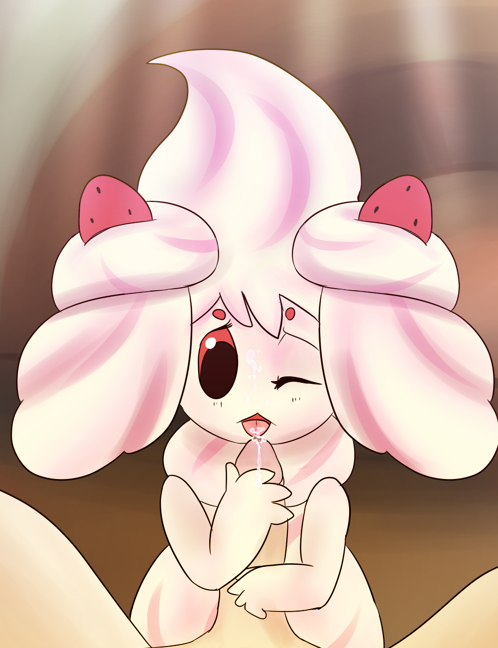 1boy alcremie ambiguous_gender anthro anthrofied barndog bodily_fluids cum cum_in_mouth cum_on_face duo fairy fellatio food food_creature food_humanoid genital_fluids hi_res human humanoid interspecies male male_pov mammal mawhip nintendo oral penis pokémon_(species) poképhilia pokemon pokemon_ss pov size_difference solo_focus video_games