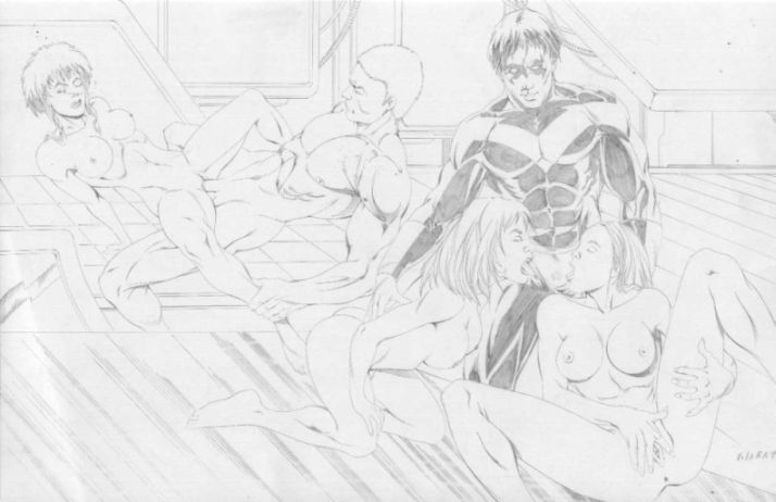 anissa_pierce arsenal_(dc) artist_request batman_(series) brainiac_8 coluan dc dc_comics dick_grayson fellatio female grace_choi human indigo_(dc) male monochrome nightwing oral outsiders roy_harper straight thunder thunder_(black_lightning)