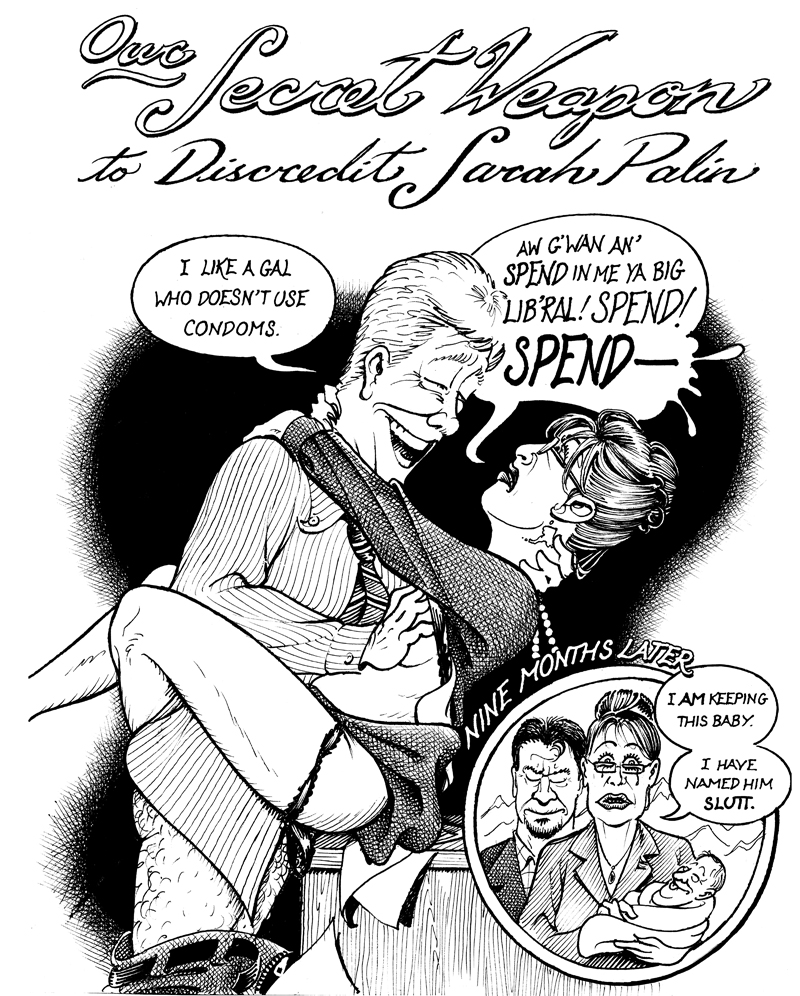 bill_clinton english_text hetero history monochrome open_mouth pants_down political_cartoon politician politics president real_person sarah_palin satire straight webcomic