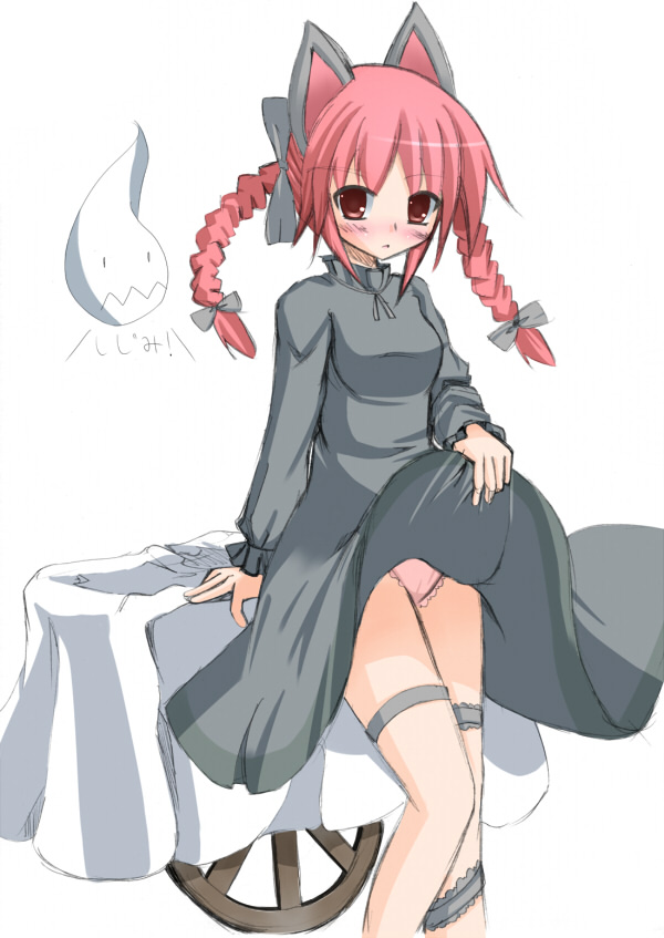 animal_ears blush braid cart cat_ears cat_tail feline ghost liya long_hair panties red_eyes red_hair rin_kaenbyou solo tail tied_hair touhou twin_braids twintails underwear wheelbarrow