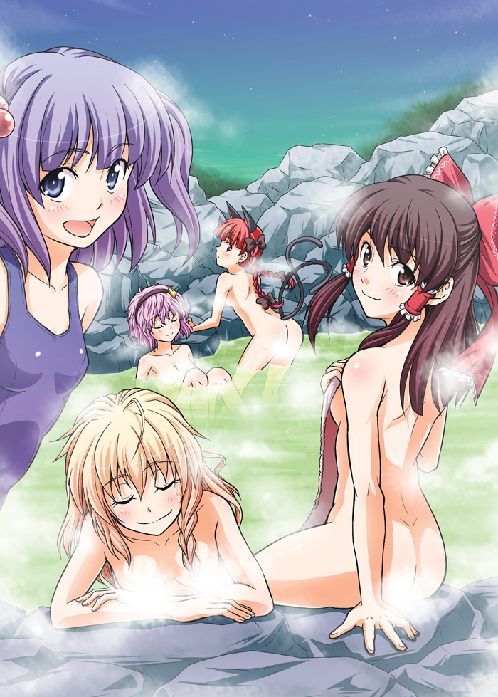 animal_ears bath blonde_hair blue_eyes blush braid brown_eyes brown_hair cat_ears cat_tail censored convenient_bath_steam convenient_censoring fur hairband marisa_kirisame multiple_tails nitori_kawashiro nude one-piece one-piece_swimsuit onsen purple_hair reimu_hakurei rin_kaenbyou satori_komeiji school_swimsuit steam swimsuit tail tied_hair tomokichi touhou towel twin_braids twintails yuukichi