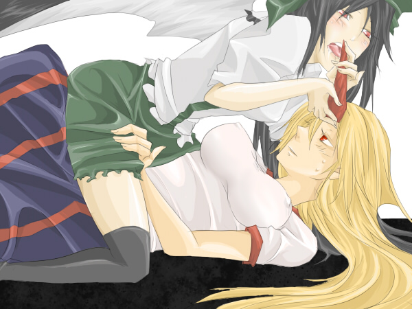 ako96 black_hair blonde_hair blush breasts female horn hornjob horns hoshiguma_yuugi huge_breasts impossible_clothes impossible_clothing impossible_shirt licking long_hair multiple_girls ribbon ribbons shirt thighhighs touhou uncommon_stimulation utsuho_reiuji wings yuri