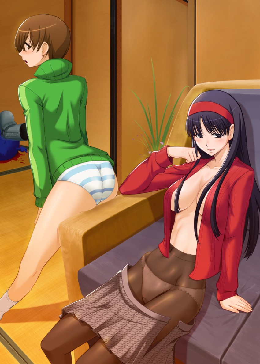 2girls amagi_yukiko ass atlus big_ass bob_cut female female_focus female_only huge_ass kuma megami_tensei persona persona_4 satonaka_chie sega striped_panties teddie tomboy undressing