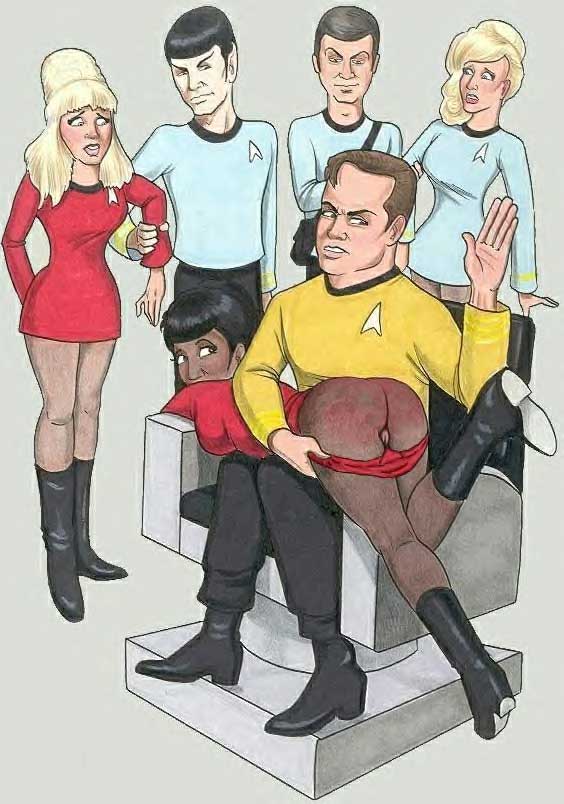 alien bent_over blue_shirt captain's_chair christine_chapel dark-skinned_female dark_skin endart female golden_shirt human humanoid interracial james_t._kirk janice_rand leonard_mccoy male nyota_uhura panties_down pointy_ears red_shirt spanking spock star_trek star_trek_the_original_series starfleet_insignia starfleet_uniform vulcan_(species)