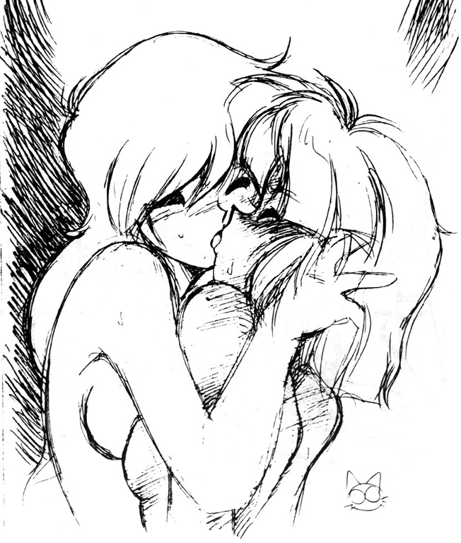 2girls breasts female gunsmith_cats human kissing long_hair minnie_may_hopkins monochrome rally_vincent short_hair yuri