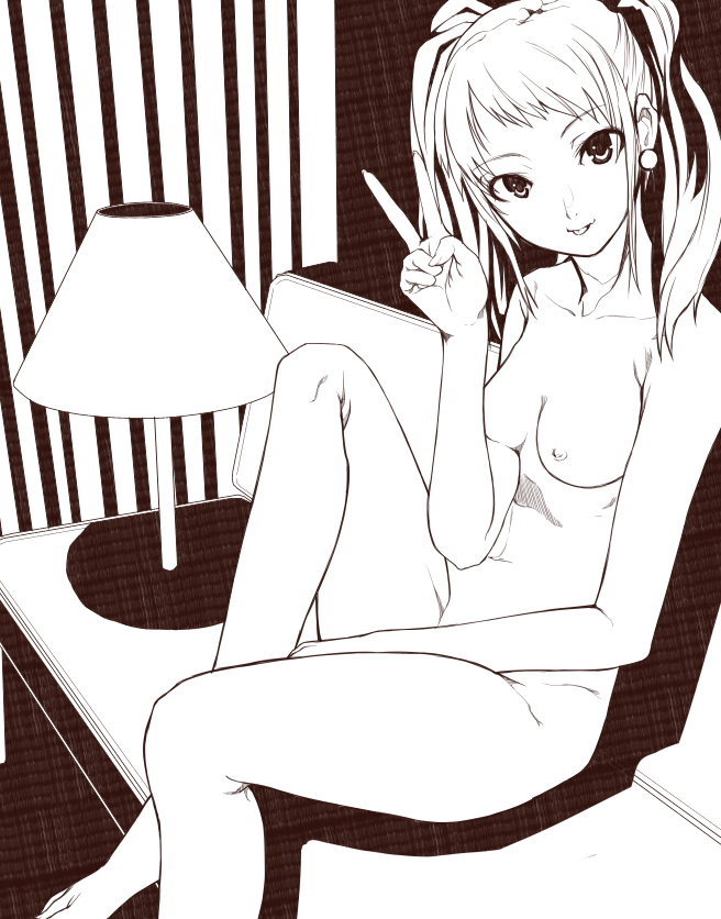 :p earrings hands jewelry kujikawa_rise long_hair megami_tensei monochrome nude persona persona_4 sitting tied_hair tongue twintails v yada_ei