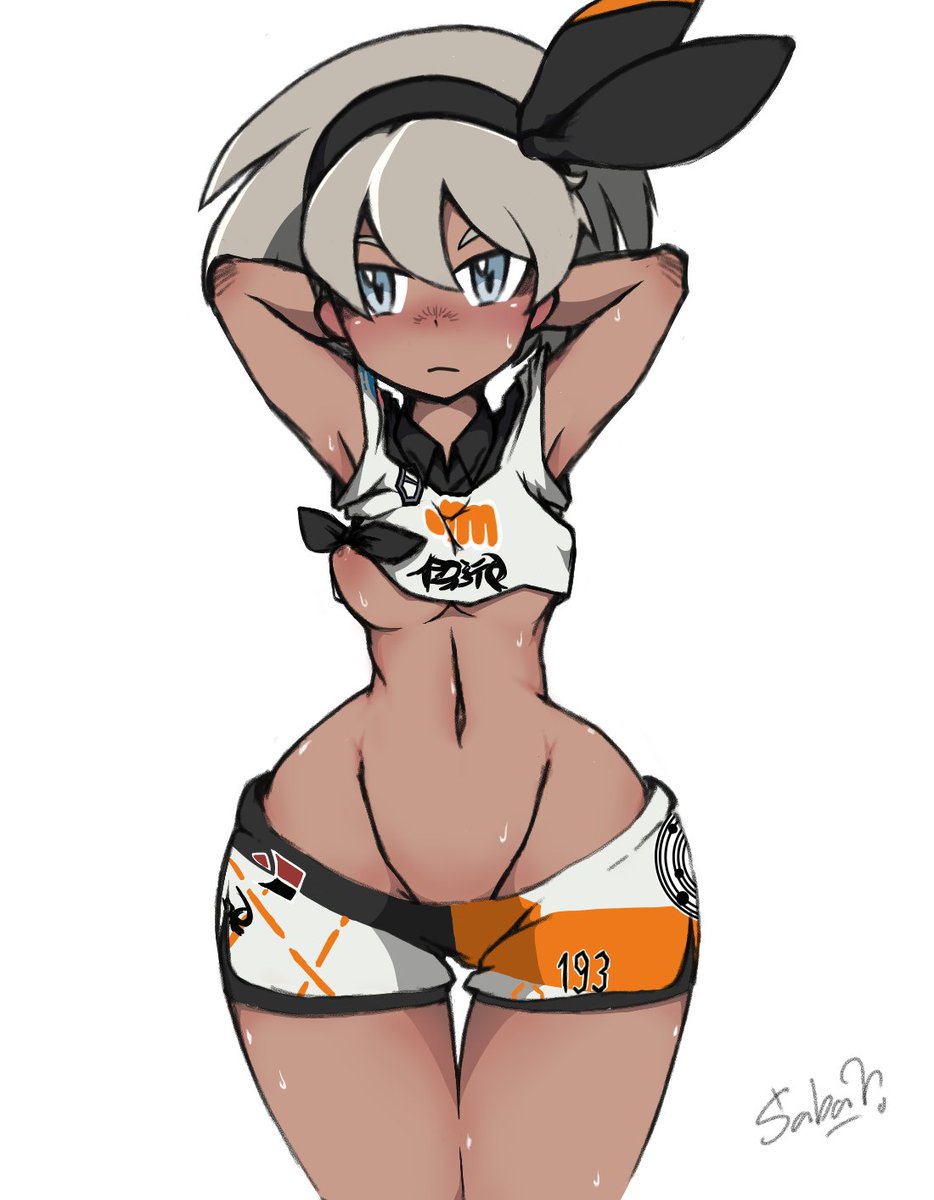 1girls, 2d, abs, armpits, arms up, ass, bea (pokemon), belly, big ass, breasts, brown skin, brown-skinned female, curvy, dark skin, dark-skinned female, female, grey hair, gym leader, hairband, human, human only, inverted nipples, navel, nipples, pokemon, pokemon ss, posing, shirt, short shorts, shorts, solo, standing, sweat, text, thick thighs, thigh gap, thin waist, underboob, watermark, wet, white background, wide hips
