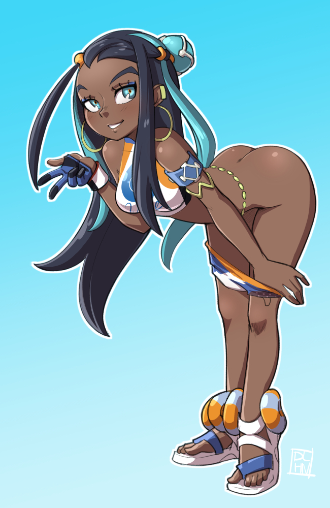 1girls ass bent_over big_ass black breasts brown_skin clothes dalehan dark-skinned_female dark_skin feet female hair_bun human human_only looking_at_viewer nessa_(pokemon) open_toe_shoes pokemon pokemon_ss sandals solo text toes undressing wide_hips