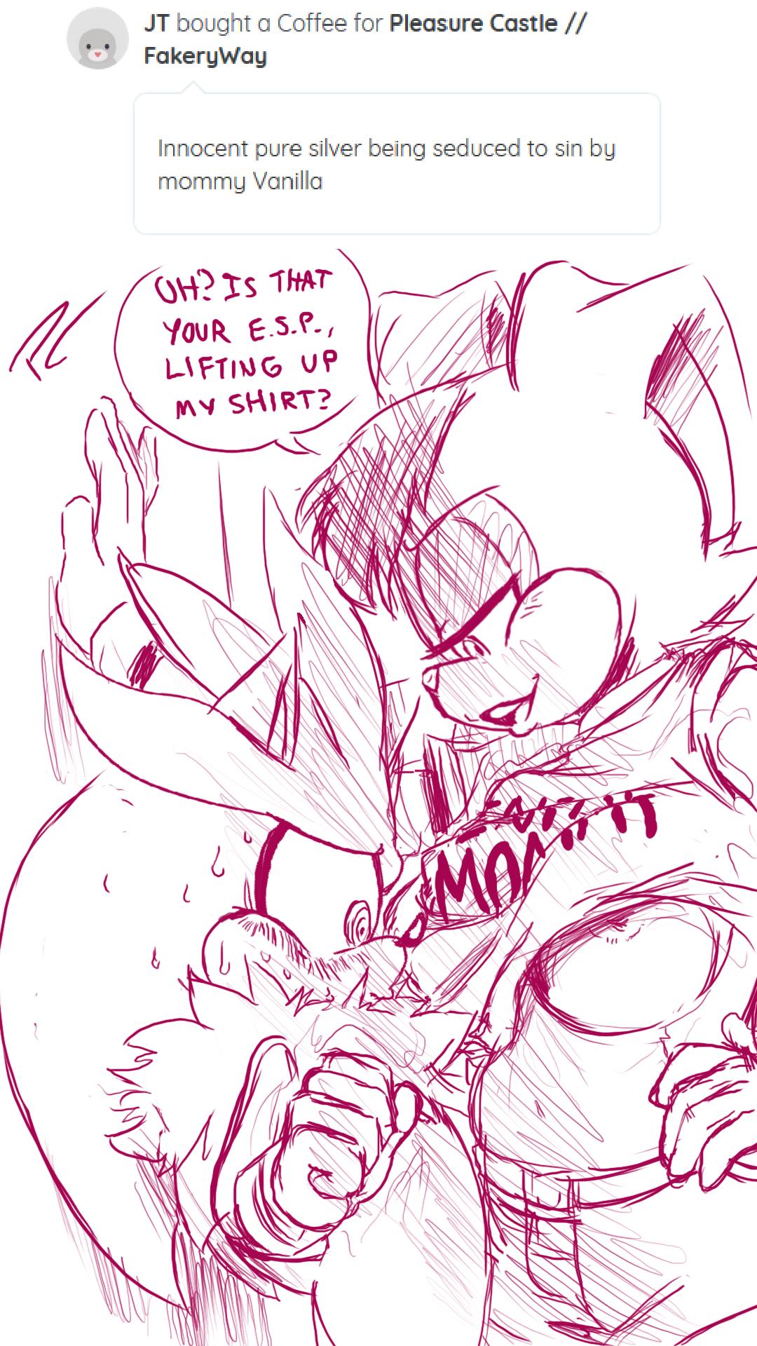 anthro, breasts, dialogue, fakeryway, female, furry, male, milf, pleasure castle, rental mommy shirt, shirt lift, silver the hedgehog, sonic (series), vanilla the rabbit