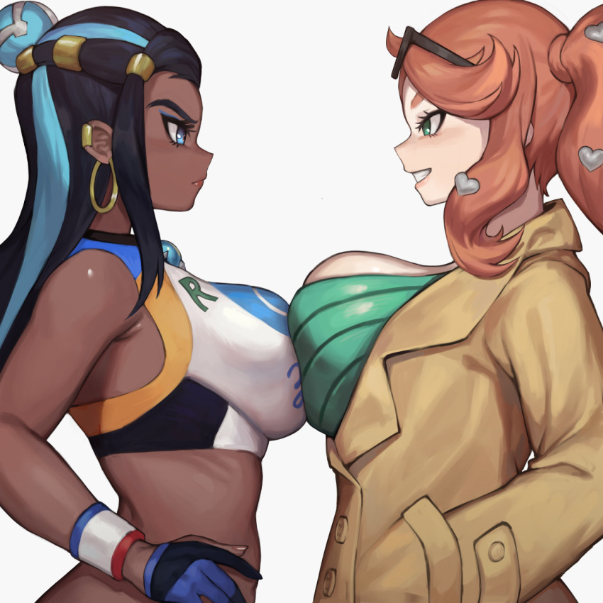 2girls alternate_breast_size angry asymmetrical_docking big_breasts breast_envy breast_frottage breasts catfight chocolate_and_vanilla cinko cleavage coat competition dark-skinned_female dark_skin deep_skin female female_only hair_bun huge_breasts human human_only large_breasts looking_at_another nessa_(pokemon) nintendo open_coat pokemon pokemon_ss rivalry shirt side_view size_comparison smile sonia_(pokemon) source_request staredown