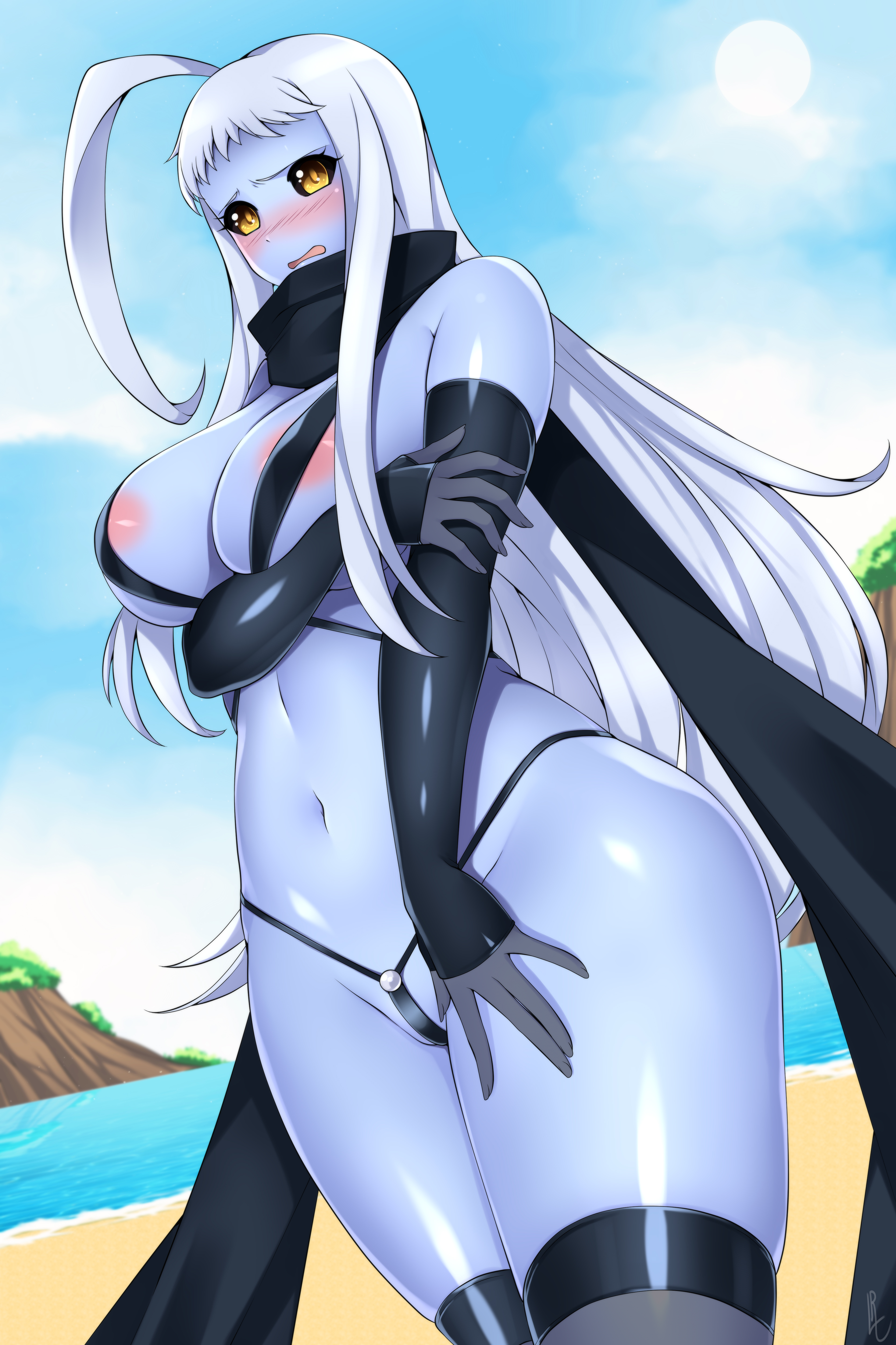 1girls, areolae, beach, black sclera, blue skin, breasts, dullahan, embarrassed, female, female only, gold eyes, lala (monster musume), large breasts, lindaroze, looking at viewer, monster girl, monster musume no iru nichijou, nipples, outdoors, scarf, sleeves, solo, sunlight, white hair