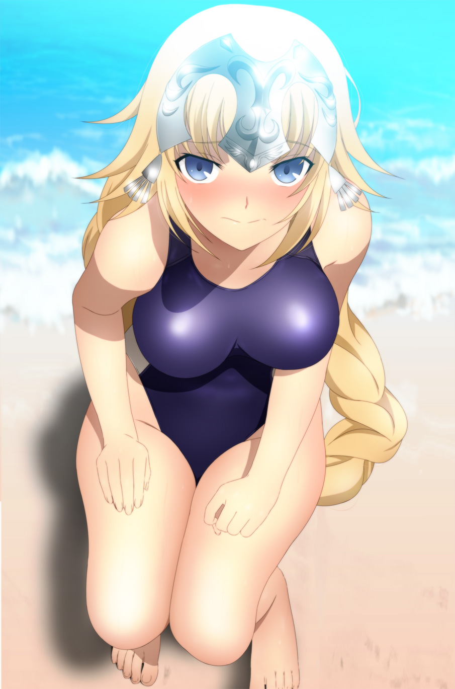 beach blonde_hair blue_eyes blue_swimsuit blush braid embarrassed fate/apocrypha fate/grand_order fate_(series) female hair_ornament jeanne_d'arc_(fate) jeanne_d'arc_(fate)_(all) large_breasts long_hair one-piece_swimsuit swimsuit thick_thighs very_long_hair yadokari_genpachirou