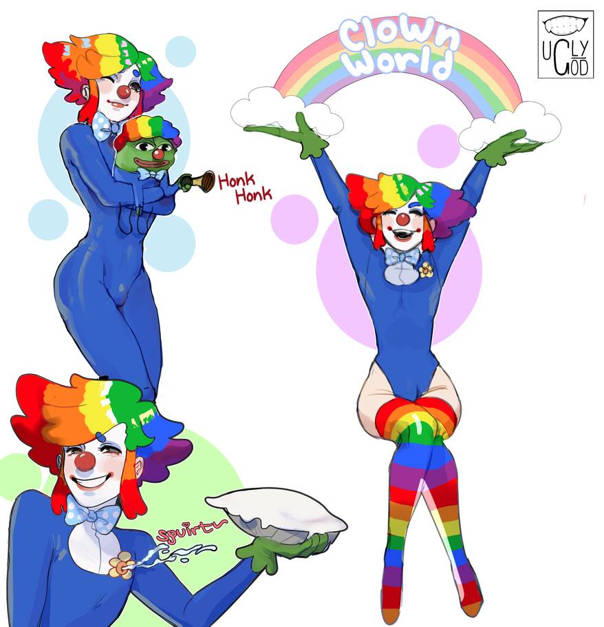 0chin 1boy artist_logo blue_suit bulge clown clown_boy clown_makeup clown_nose crossed_legs femboy girly honkler male meme pepe_the_frog rainbow_hair text thick_thighs trap