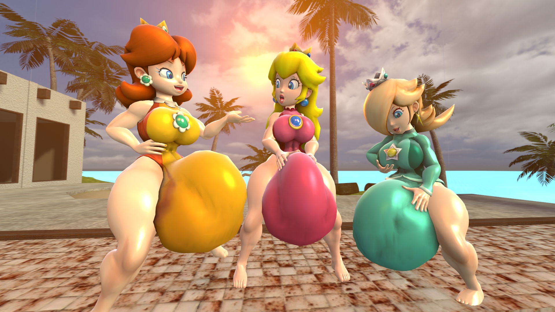 3d, 3d (artwork), 3futas, balls, balls in panties, bare arms, bare legs, barefoot, big balls, big breasts, big thighs, blonde hair, blue eyes, breasts, brooch, bulge, crown, curvy, earrings, flaccid, flower earrings, futa only, futa with futa, futanari, ginger hair, group, hair over one eye, half-closed eyes, hi res, highres, huge balls, huge breasts, huge cock, huge penis, huge testicles, hyper, hyper balls, hyper penis, intersex, kabalmystic, kabalmystic (style), leotard, light skin, light-skinned futa, lips, lipstick, long hair, long sleeves, mario (series), nintendo, open mouth, panties, panty bulge, penis, penis grab, penis in panties, penis under clothes, platinum blonde hair, princess daisy, princess daisy (gymnastics), princess peach, princess peach (gymnastics), princess rosalina, princess rosalina (gymnastics), sfm, shocked, shocking (artist), shoulder length hair, sleeved leotard, sleeveless leotard, source filmmaker, star earrings, surprised, testicles, thick, thick hips, thick thighs, trio, wide hips