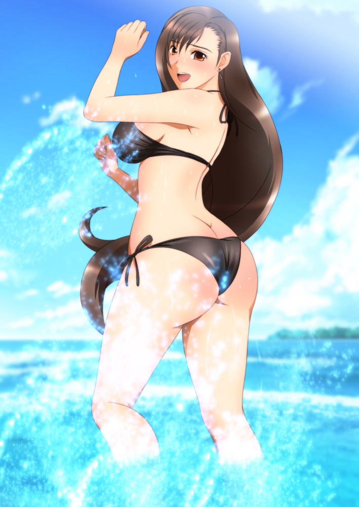 1girls amber_eyes ass bikini black_bikini black_bra black_panties blush brown_hair dat_ass female female_only final_fantasy final_fantasy_vii large_breasts long_hair looking_back solo thighs tifa_lockhart voluptuous water yadokari_genpachirou