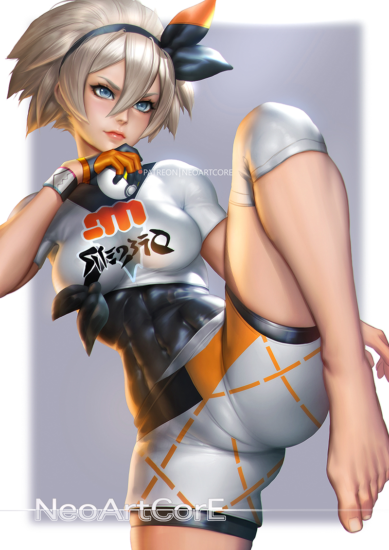 1girls, abs, alternate breast size, alternate skin color, ass, athletic, athletic female, bangs, bangs between eyes, bare calves, barefoot, bea (pokemon), big breasts, blue eyes, bodysuit, breasts, calves, cameltoe, closed mouth, covered abs, covered navel, cowboy shot, deviantart, eyebrows, eyelashes, feet, female, female only, fighting stance, fit, fit female, fully clothed, glove, grey eyebrows, grey hair, hairband, human, human only, leg up, light skin, light-skinned female, linea alba, navel, neoartcore, nintendo, patreon, poke ball, pokemon, pokemon ss, pose, pussy, short hair, shorts, sidelocks, simple background, six pack, skin tight, slim waist, solo, spread legs, standing, standing on one leg, text, tight clothing, toes, toned, toned female, toned stomach, ultra ball, url, v-shaped eyebrows, watermark, wristband