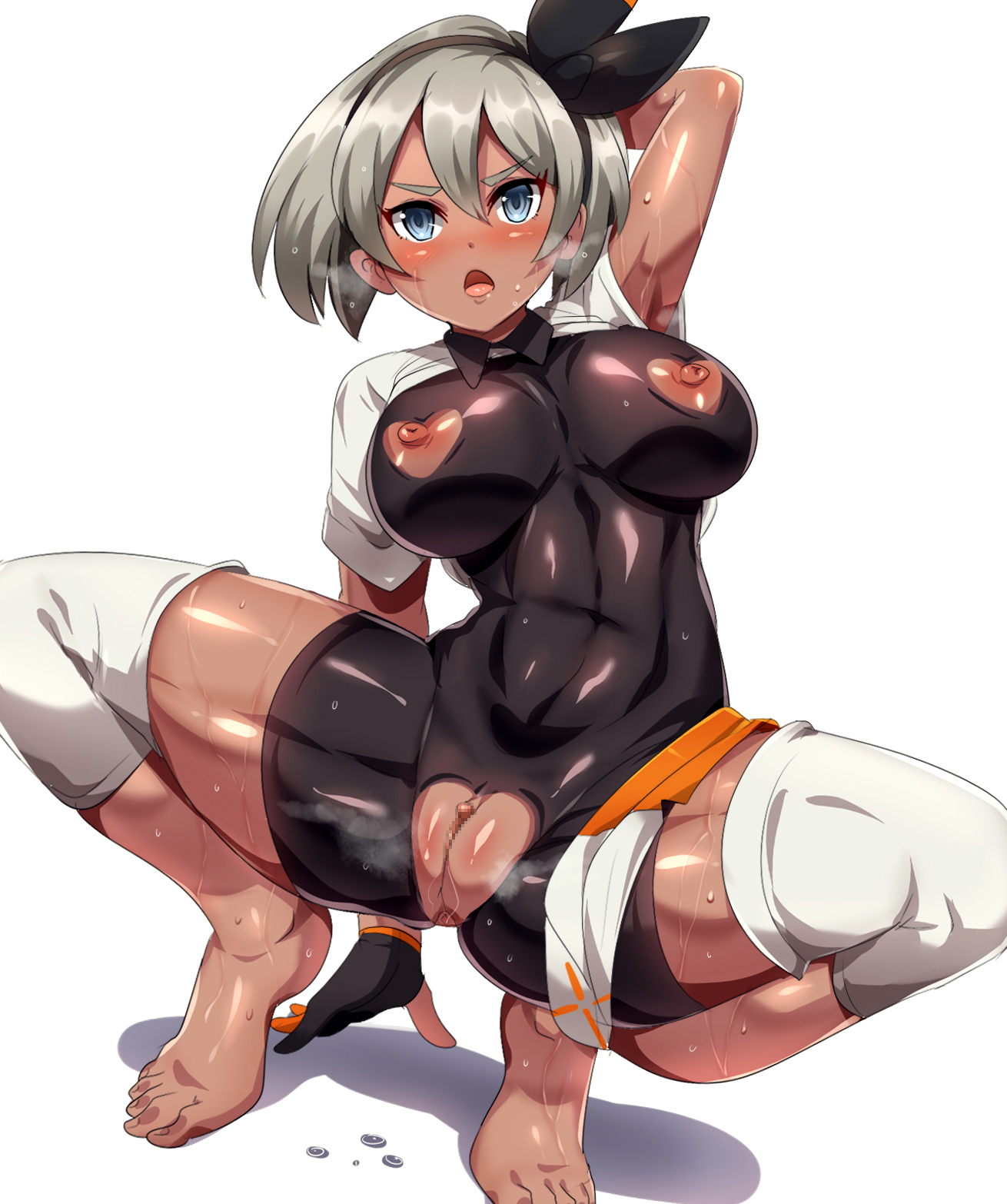 1girls, 2d, abs, alternate breast size, barefoot, bea (pokemon), big breasts, bodysuit, breasts, brown skin, brown-skinned female, busty, clitoris, cutout, dark skin, dark-skinned female, feet, female, female only, hairband, heart, heart cutout, human, human only, magukappu, pokemon, pokemon ss, pose, pussy, short hair, solo, spread legs, squatting, toes, white background
