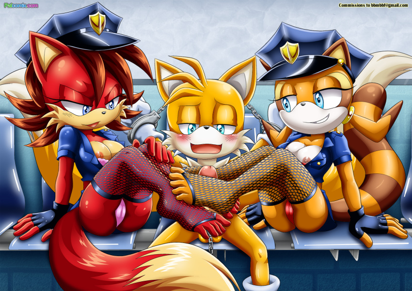 blush breasts cameltoe femdom fiona_fox fishnets footjob footjob_with_legwear handcuff_on_penis handcuffed handcuffs male male/female marine_the_raccoon multiple_girls nipples palcomix panties penis police_uniform sonic_(series) tails