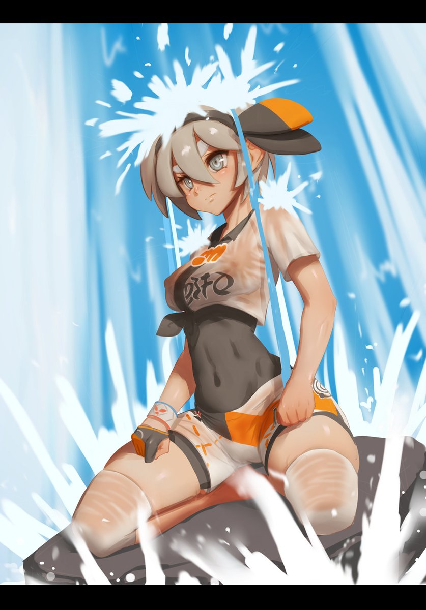 1girls, abs, alternate breast size, artist request, bea (pokemon), belly, big breasts, black border, blue eyes, bodysuit, breasts, cameltoe, clothed, driverbunny37, erect nipples, female, grey eyes, grey hair, hairband, human, human only, kneeling, light skin, light-skinned female, looking away, navel, nintendo, nipple bulge, nipples, outdoors, pokemon, pokemon ss, pussy, rock, see-through, shirt, shorts, solo, water, waterfall, wet, wide hips