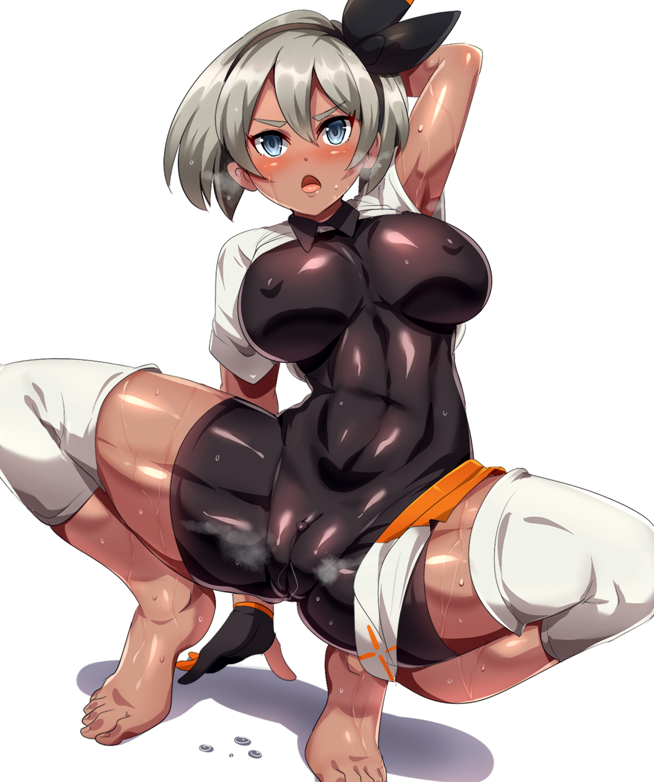 1girls, 2d, abs, alternate breast size, armpits, barefoot, bea (pokemon), big breasts, bodysuit, breasts, brown skin, brown-skinned female, busty, clitoris, clothed, dark skin, dark-skinned female, feet, female, hairband, human, human only, magukappu, mouth open, nipples, nipples visible through clothing, pokemon, pokemon ss, pussy, see-through, short hair, solo, squatting, sweat, toes, white background
