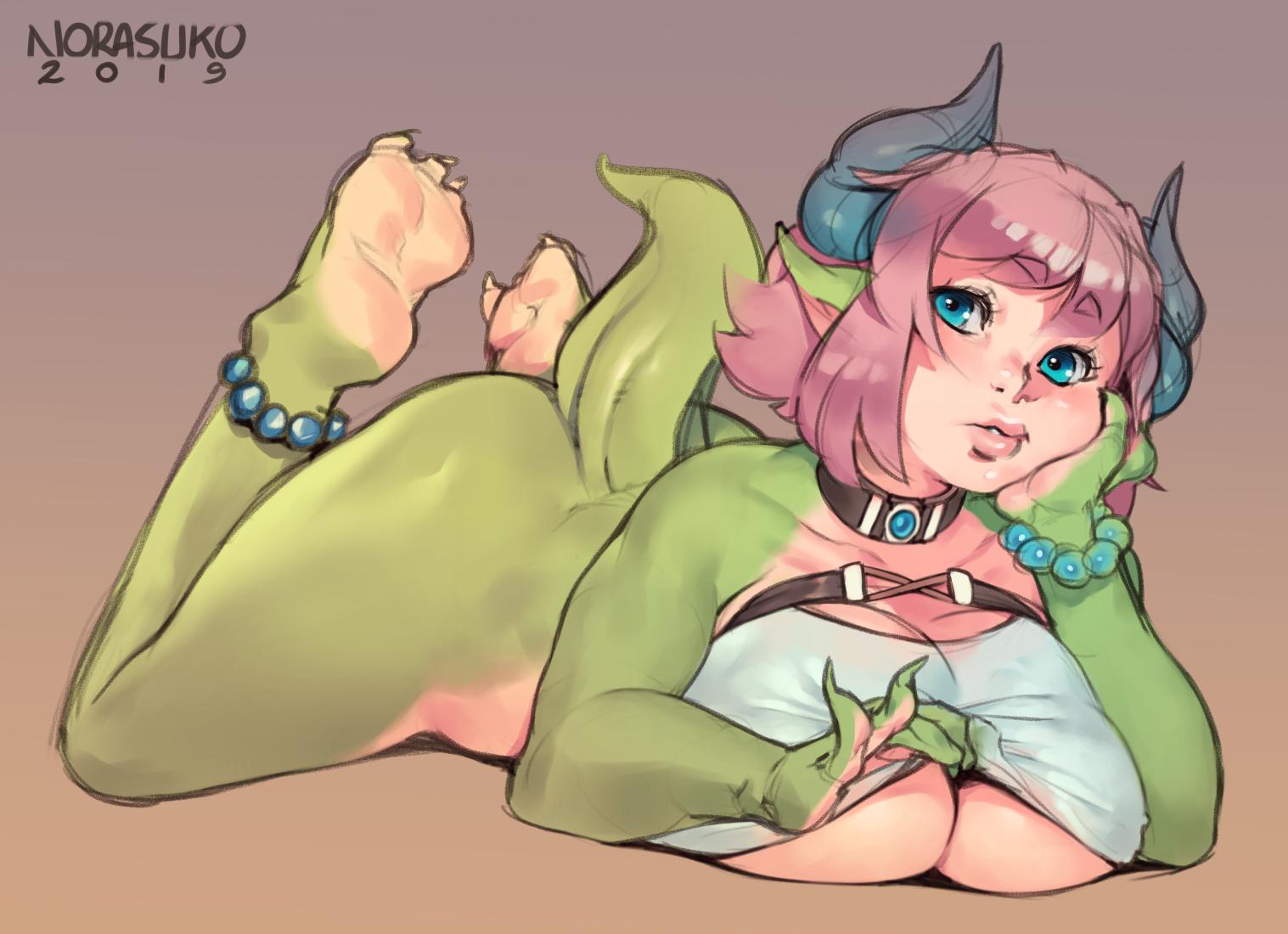 1girls, ass, barefoot, big breasts, breasts, cleavage, dragon, dragon girl, fantasy, female, female only, horns, huge ass, huge breasts, large breasts, long ears, looking at viewer, naughty face, nina (eigaka), norasuko, original, original character, seductive, solo, solo female, tail, thick thighs