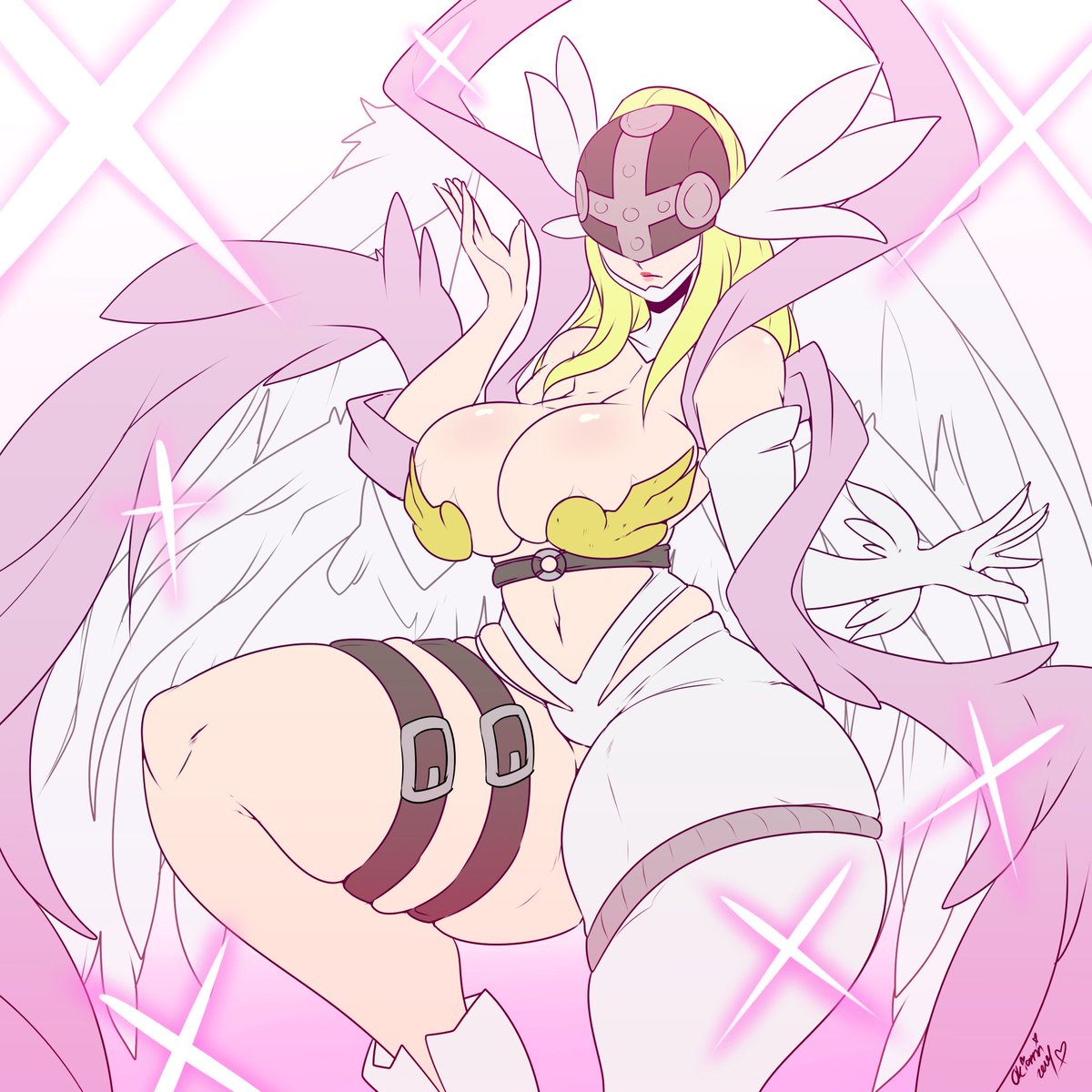 angewomon, belt, big breasts, blonde hair, breasts, digimon, female, navel, okioppai, thick thighs, wide hips, wings