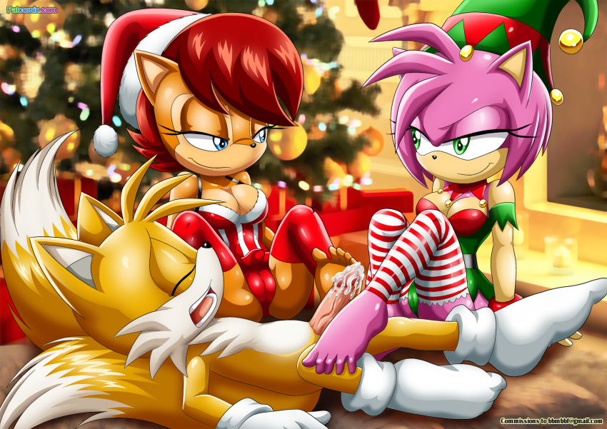 1boy, 2girls, amy rose, anthro, archie comics, bbmbbf, blue eyes, breasts, canine, chipmunk, christmas, cleavage, closed eyes, cum, eyelashes, female, femdom, footjob, fox, furry, green eyes, hedgehog, leggings, legwear, male, miles prower, mouth open, multiple females, multiple girls, palcomix, penis, pussy, pussy bulge, rodent, sally acorn, sega, skirt, smile, socks, sonic (series), sonic the hedgehog (archie), sonic the hedgehog (comics), sonic the hedgehog (series), squirrel, tails, tails the fox, threesome