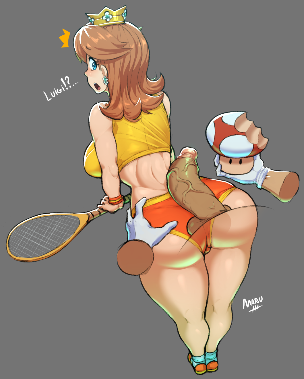 1boy 1girls ass ass_focus ass_grab bent_over big_ass big_butt bimbo blue_eyes blush breasts brown_hair butt_focus buttjob crown dat_ass earrings erection female gloves highres huge_ass jewelry mario_(series) mario_tennis maruzyrukun mushroom nintendo penis princess_daisy racket shoes short_shorts shorts sneakers socks surprise surprised_expression surprised_look tennis_racket text_focus veins veiny_penis wristband