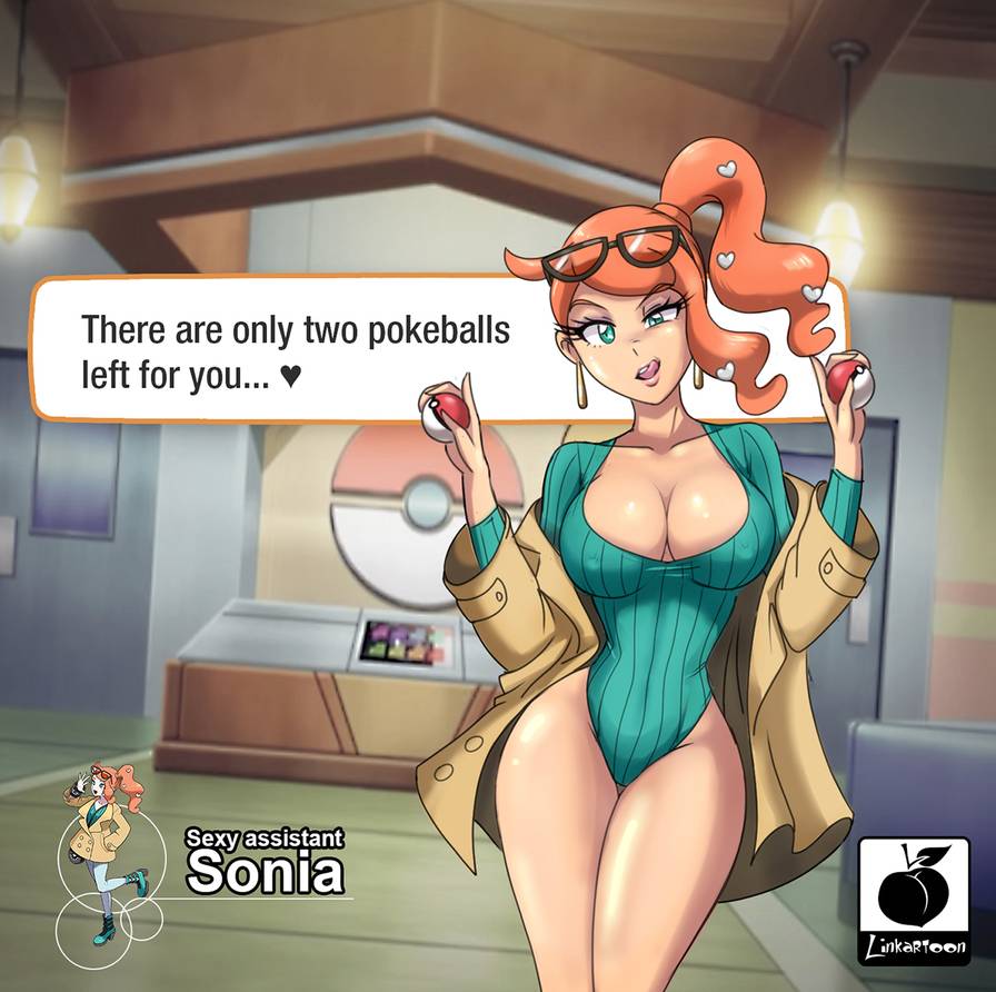 1girls, 2019, artist logo, artist name, bodysuit, breasts, character name, cleavage, clothed, earrings, english text, female, female only, game freak, green eyes, heart, holding pokeball, hourglass figure, huge breasts, licking lips, linkartoon, looking at viewer, nintendo, official art, orange hair, pokeball, pokemon, pokemon ss, ponytail, reference image, side ponytail, sonia (pokemon), speech bubble, standing, sunglasses, sunglasses on head, text, thick thighs, trench coat, watermark