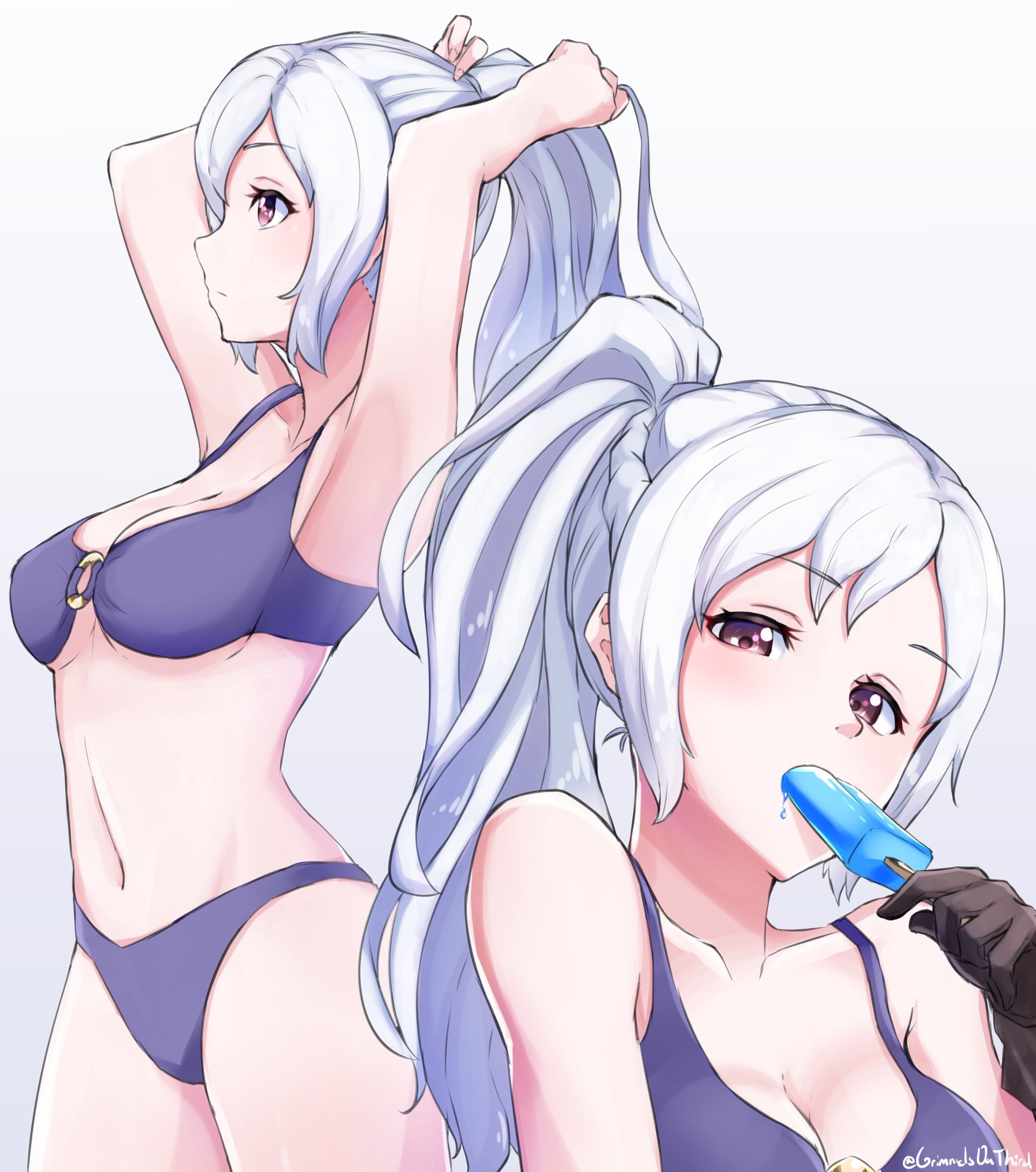 bra, cleavage, eating, female, female only, fire emblem, fire emblem awakening, fire emblem heroes, grimmelsdathird, panties, ponytail, popsicle, purple eyes, robin (fire emblem), robin (fire emblem) (female), swimsuit, white hair