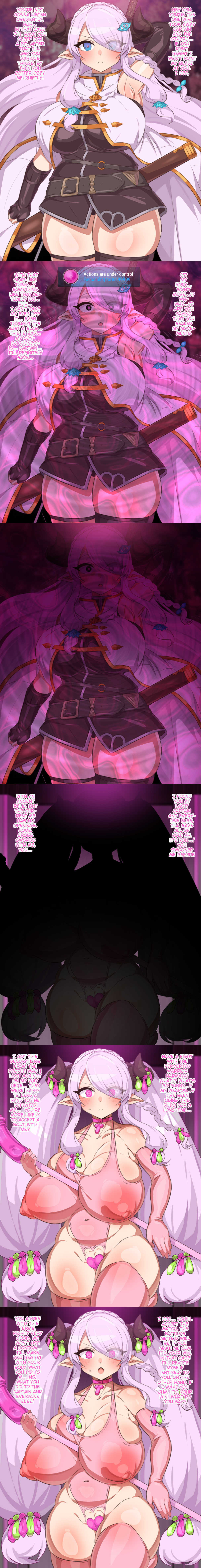 altered_common_sense blue_eyes blush blushing choker clothed clothed_female condom condom_accessories condom_balloon condom_belt dildo eyes_visible_through_hair ganbari_mascarpone gloves granblue_fantasy hair_covering_eye hard_translated horns hypnosis instant_loss_2koma leggings long_hair mind_control narmaya_(granblue_fantasy) opera_gloves pasties pink_eyes pink_hair sex_toy sword translated used_condom used_condoms weapon