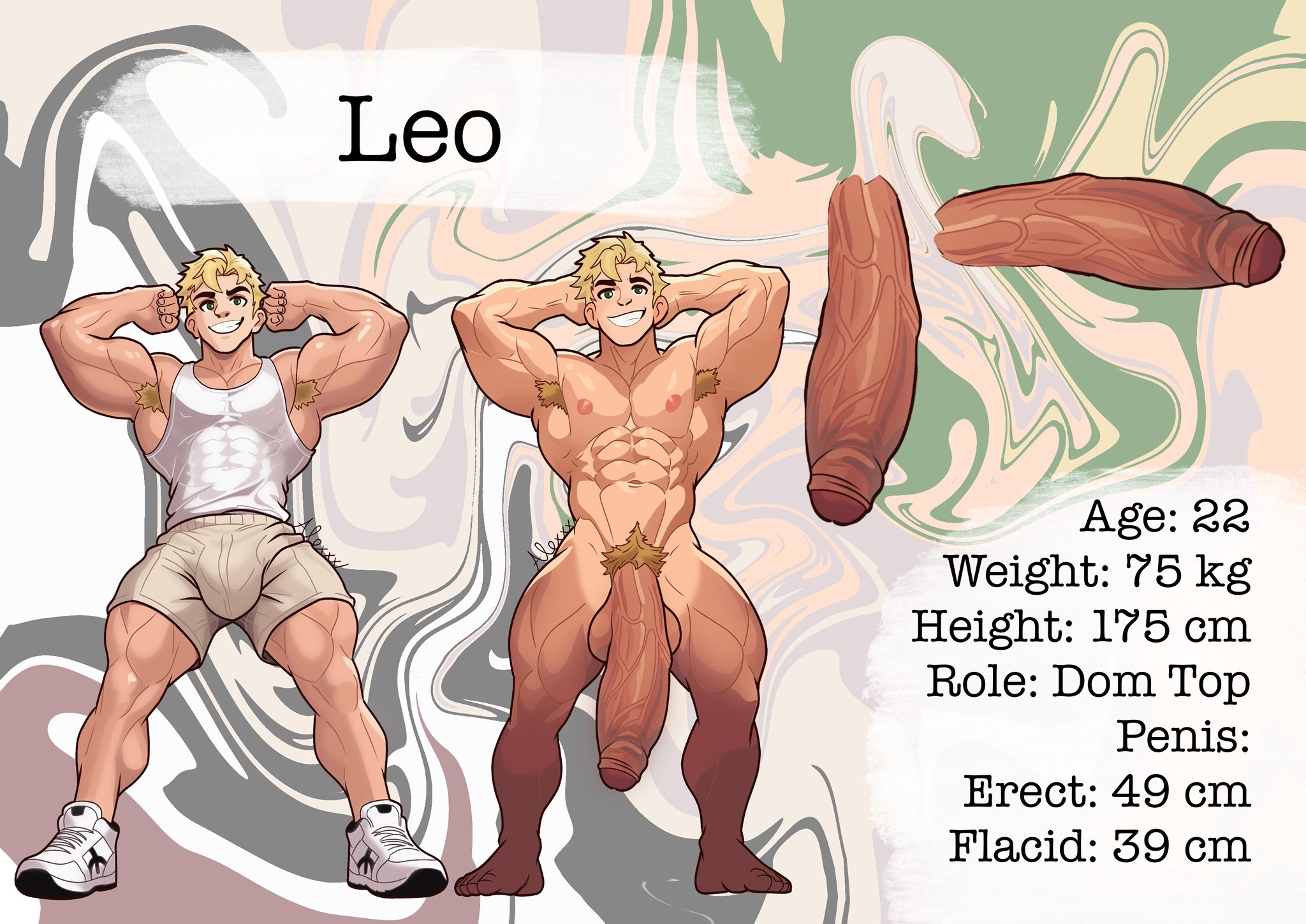 abs, alexxx, alexxxartx, armpit hair, armpits, balls, bara, big balls, big muscles, big penis, blonde hair, character sheet, foreskin, green eyes, hairy, hairy armpits, hyper balls, hyper penis, light skin, male, male only, muscles, muscular, muscular male, pectorals, penis, pubic hair, uncircumcised, yaoi