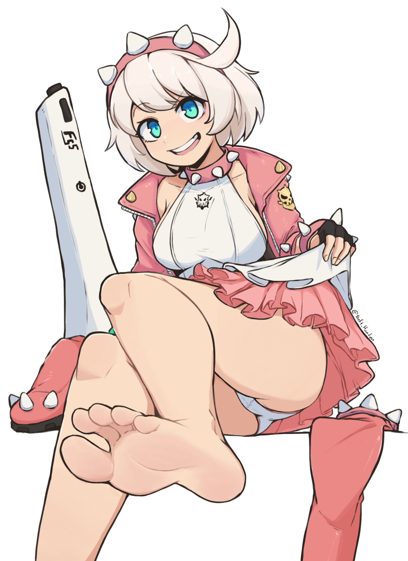 elphelt valentine, female, foot fetish, guilty gear, headband, panties, simple background, skirt, softhanten, soles, solo female, upskirt, white hair