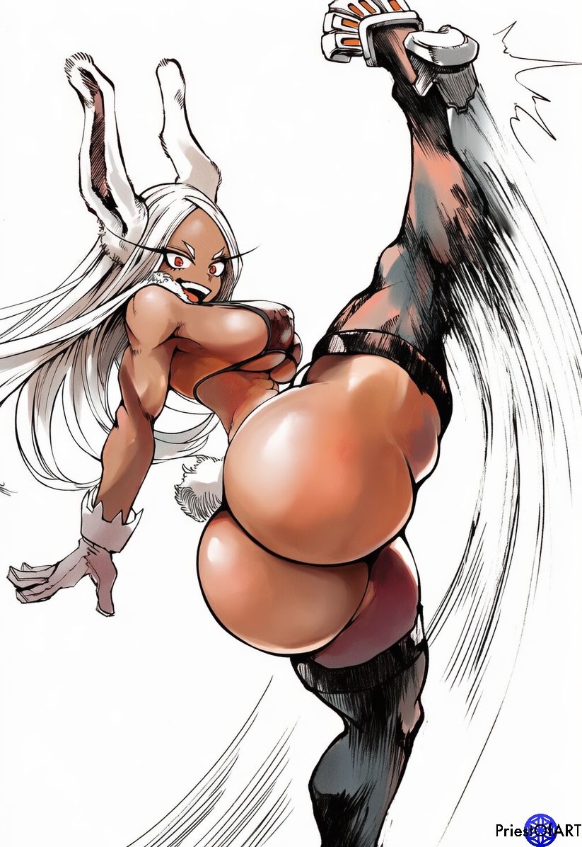 1girls ai_generated big_breasts boku_no_hero_academia brown_skin bunny_ears bunny_tail color female female_only gloves high_kick huge_ass long_hair miruko muscular_female my_hero_academia priestofart red_eyes rumi_usagiyama simple_background solo solo_female stockings tagme tagme_(artist) tagme_(character) thick_thighs watercolour_(artwork) watermark white_background white_hair