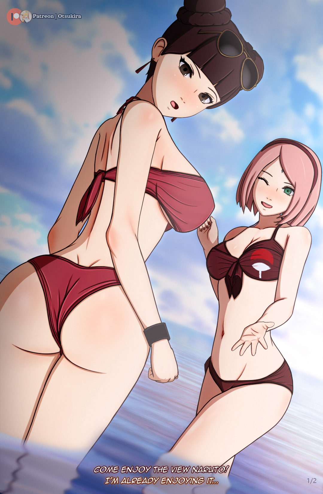 2d, 2girls, artist name, ass, ass crack, ass focus, back muscles, bare back, bare shoulders, bare thighs, beach, big ass, big breasts, bikini, bikini bottom, bikini top, blunt bangs, blush, bob cut, boruto: naruto next generations, bottom heavy, breasts, brown eyes, brown hair, bubble ass, bubble butt, butt crack, double bun, facial mark, female, female only, forehead mark, from behind, green eyes, hairband, koikatsu, light skin, light-skinned female, looking at viewer, looking back, looking back at viewer, muscles, naruto, naruto (series), nice ass, ocean, one eye closed, open mouth, otsukira, outdoors, parted bangs, pinup, pose, posing, posing for the viewer, pov, presenting, presenting ass, presenting hindquarters, rear view, red hairband, revealing swimsuit, sakura haruno, sand, seaside, sexually suggestive, shiny, shiny hair, shiny skin, short hair, skimpy, skimpy bikini, smile, suggestive, sunglasses, sunglasses on head, tenten, text, thick ass, thighs, uchiha symbol, url, uzumaki naruto, water, watermark, web address, wink