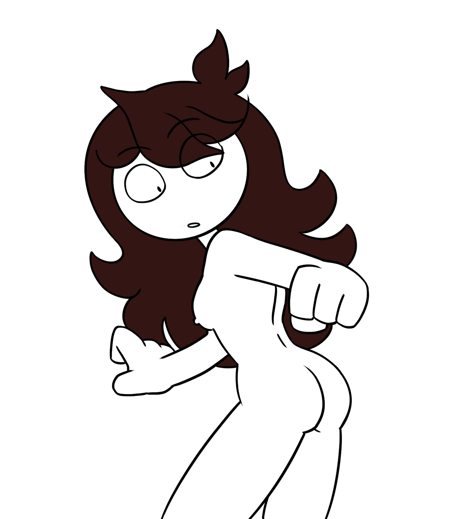 accurate art style, ass, breasts, brown hair, eyebrows, eyebrows visible through hair, eyes visible through hair, female, female only, hair, jaiden, jaiden animations, looking at butt, looking back, nipples, nude, simple background, solo, stickman, thrumbo, white skin, youtube, youtuber