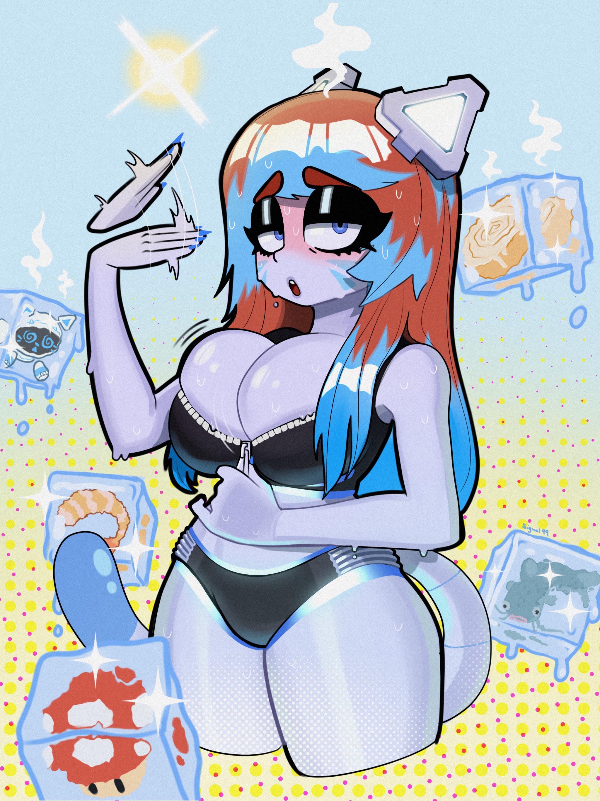 alien, blue eyes, blue hair, cat ears, cat tail, catgirl, clothing, fanning self, female, glowing hair, goth, large breasts, looking at viewer, monika (monikacinnyroll), monikacinnyroll, red hair, robot, shrimp, signalnines, solo, sweat, virtual youtuber, vtuber, white skin, youtuber, zipper