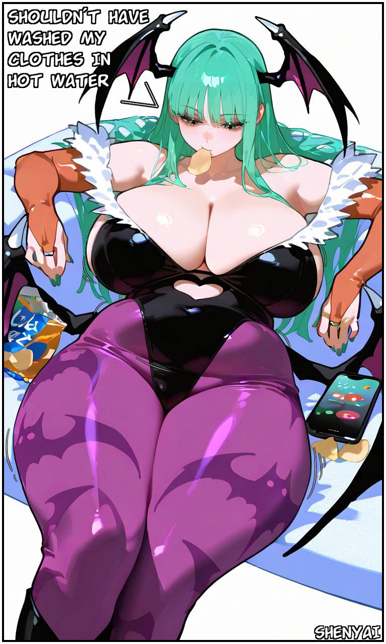 ai generated, ass, breast expansion, breast growth, breast growth (enlargement), breasts, curvy, curvy body, curvy female, curvy figure, darkstalkers, eating, eating food, female, female focus, female only, huge ass, huge breasts, morrigan aensland, shenyai, text, thick, thick ass, thick legs, thick thighs, weight gain
