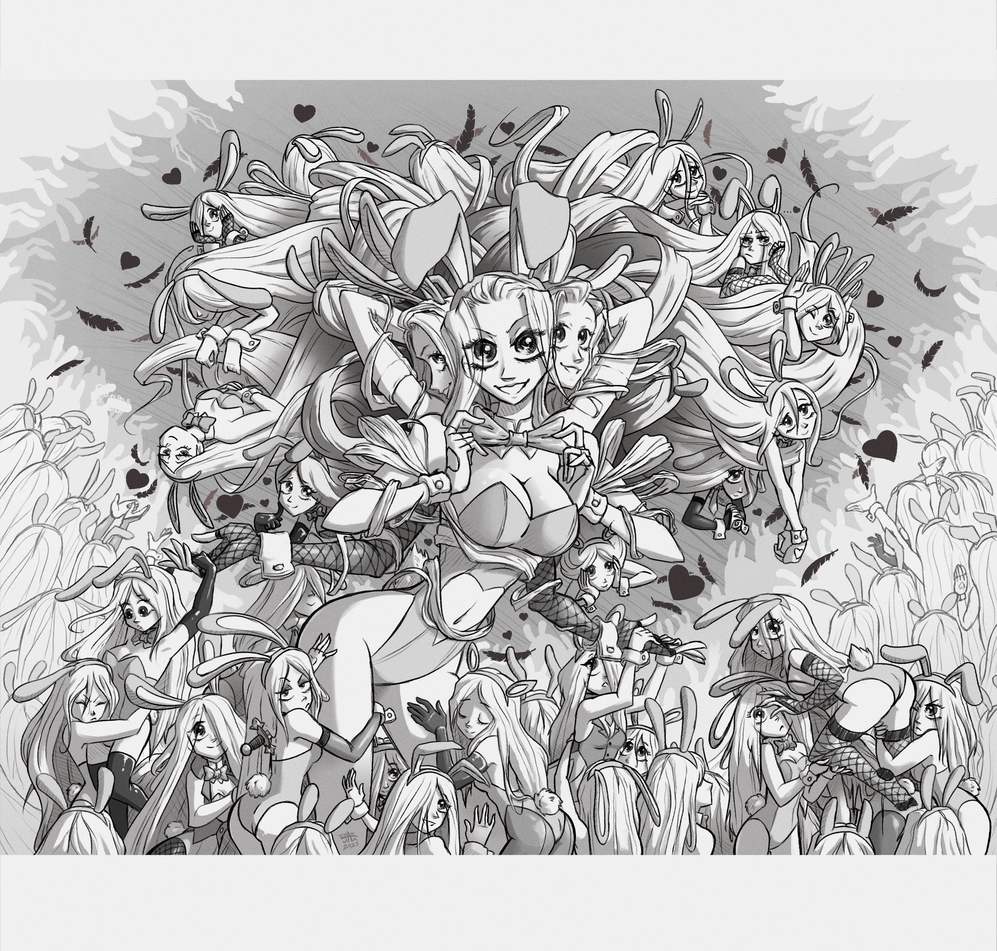 bunny ears, bunnysuit, female, fishnets, multi head, multiple females, multiple girls, slay the princess, the shifting mound (slay the princess), wwwjam