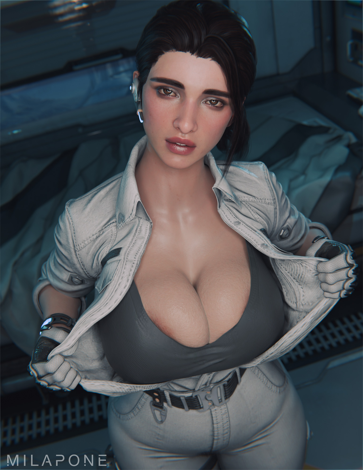 1girls, 2025, 3d, areolae, areolae slip, black hair, breasts, brown eyes, cleavage, clothed, clothed female, detailed background, female, female only, hailey (the first descendant), hailey scott, indoors, jeans, jumpsuit, looking at viewer, milapone, no nude, no nudity, non nude, non-nude, opening jacket, solo, tagme, the first descendant