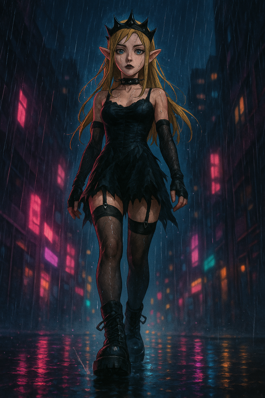 ai_generated blonde_hair blue_eyes combat_boots fingerless_gloves goth goth_girl hylian looking_at_viewer night nintendo princess_zelda spiked_collar stockings the_legend_of_zelda