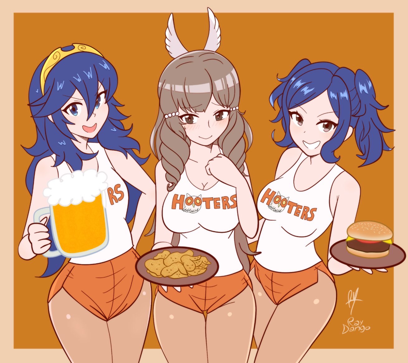 3girls beer blue_eyes blue_hair blush brown_eyes brown_hair chicken_wings cleavage cynthia_(fire_emblem) eyebrows_visible_through_hair fire_emblem fire_emblem_awakening hair_ornament hamburger hooters large_breasts looking_at_viewer lucina_(fire_emblem) multiple_girls raydango skimpy_clothes smile sumia_(fire_emblem) twintails waitress