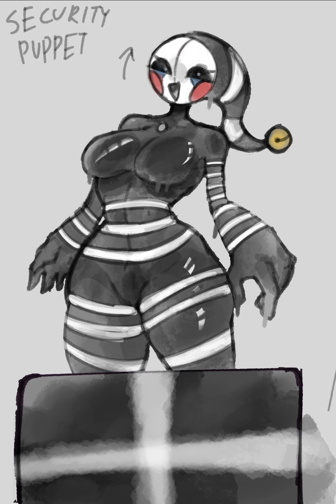 1girls, black body, breasts, female, female only, five nights at freddy's, freddy fazbear's pizzeria simulator, jester, marionette (fnaf), puppet (fnaf), security puppet (fnaf), shiny, shiny skin, smiling at viewer, smug, solo, tagme, thick thighs, thighs, white pupils, yufishart