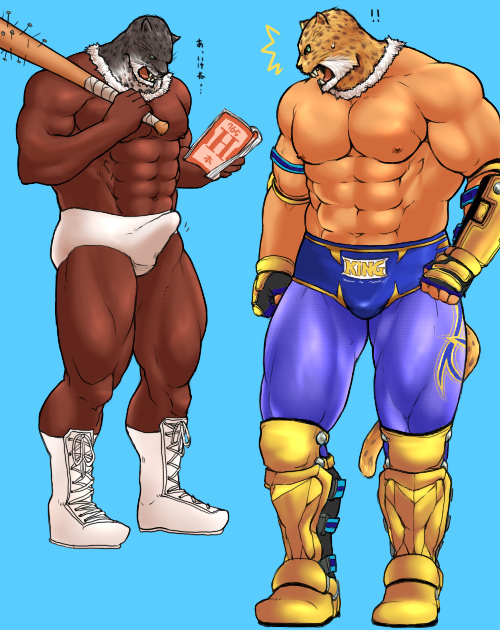 ! !! 2boys ^^^ abs armband armor_king bara bare_pectorals baseball_bat biceps bulge commentary_request dark-skinned_male dark_skin erection erection_under_clothes fangs furry furry_male gauntlets holding holding_baseball_bat holding_magazine jaguar_tail king_(tekken) looking_at_another looking_at_crotch looking_down magazine_(object) magnum_feering male male_focus male_underwear masked multiple_boys muscular muscular_male navel nipples open_mouth pectorals penis spiked_bat sweatdrop tail tekken topless_male translation_request underwear white_male_underwear wrestling_boots wrestling_outfit