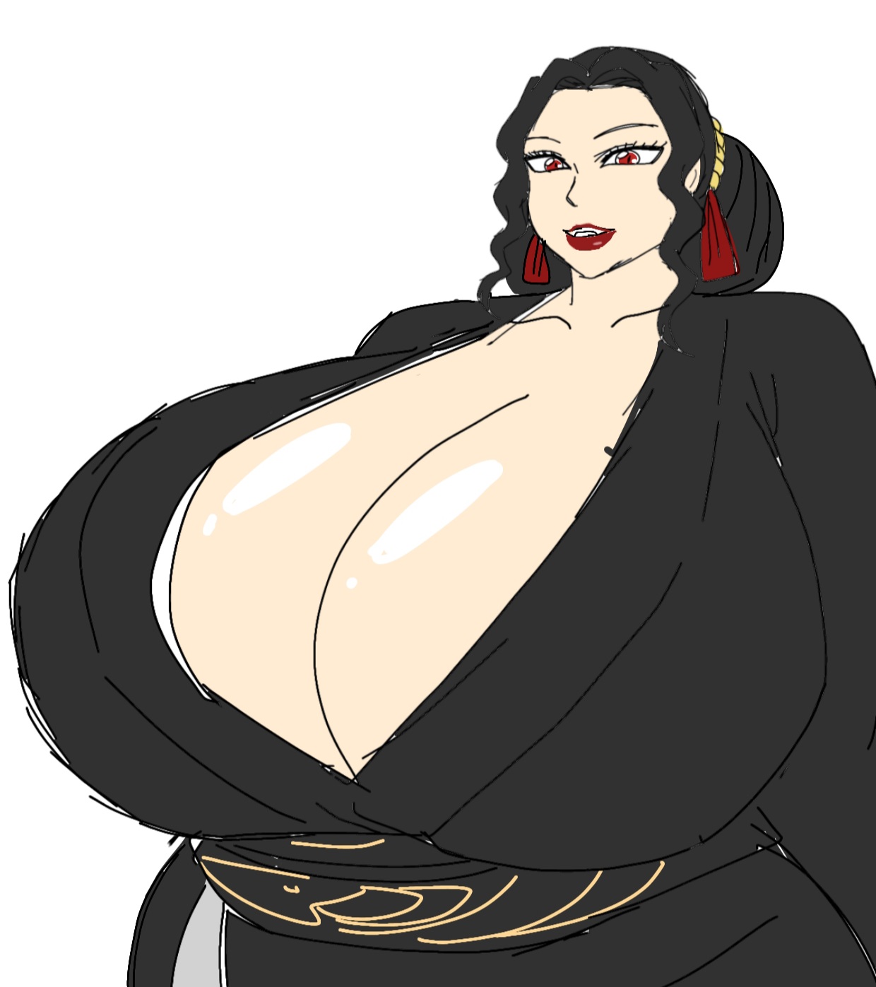 1girls, alternate body type, alternate breast size, big breasts, black hair, black robe, black-haired female, breasts, breasts bigger than head, demon, demon girl, demon slayer, enormous breasts, female, female focus, female muzan, female only, japanese, japanese clothes, japanese clothing, japanese female, kimetsu no yaiba, large breasts, light skin, light-skinned female, momiji (artist), muzan kibutsuji, red eyes, red lips, robe, rule 63, solo, solo female, solo focus, white background