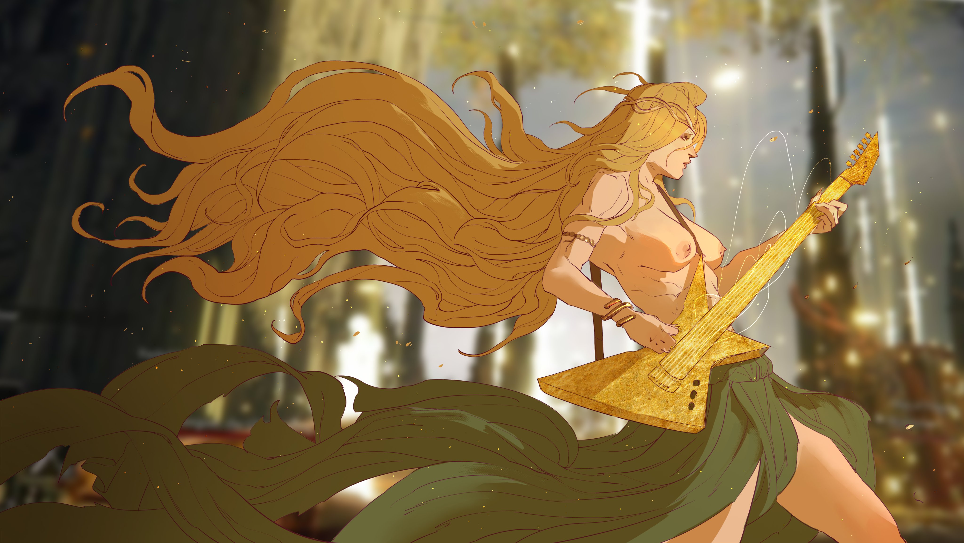 1girls, blonde hair, bracelet, breasts, caio santos, elden ring, female, female only, fromsoftware, guitar, humor, long hair, queen marika the eternal, tagme, topless female