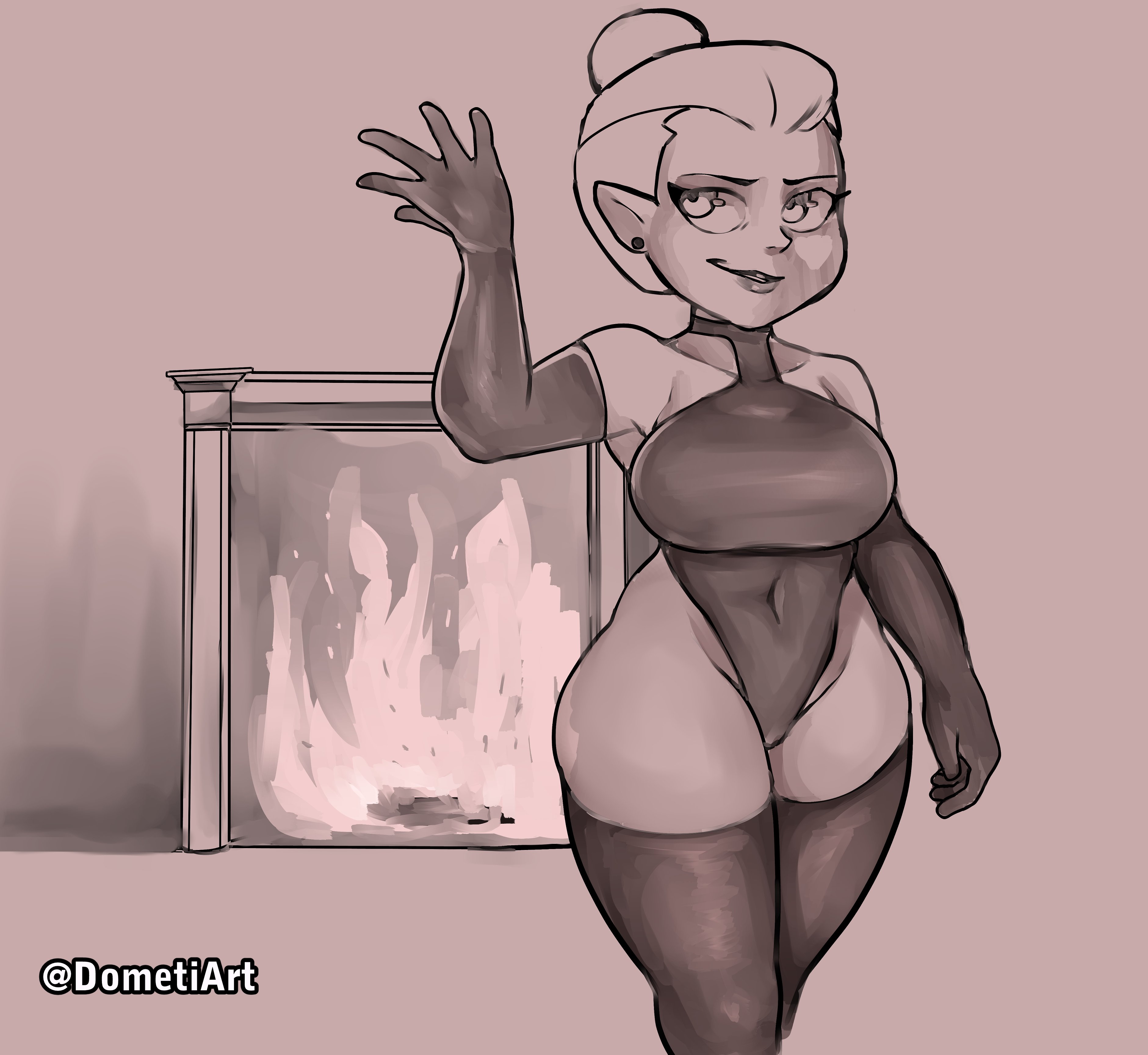 2025, 2d, 2d (artwork), 2d artwork, 5 fingers, absurd res, anthro, armwear, artist name, bare shoulders, bent arm, big breasts, big eyes, big iris, biped, breasts, clothed, clothed anthro, clothed female, clothing, collarbone, digital drawing (artwork), digital media (artwork), disney, dometi art, ear piercing, ear ring, elbow gloves, eyebrows, eyelashes, female, fingers, fire, fireplace, glistening, glistening eyes, glistening lips, gloves, hair, hair bun, handwear, hi res, humanoid, humanoid pointy ears, inside, iris, legs together, legwear, leotard, lips, long eyelashes, looking aside, mature female, mature humanoid, monochrome, navel outline, not furry, odalia blight, piercing, pointy ears, pose, pupils, ring piercing, sepia, short hair, smile, solo, standing, tagme, text, the owl house, thick eyelashes, thick thighs, thigh highs, three-quarter view, tight clothing, tight leotard, witch (the owl house)