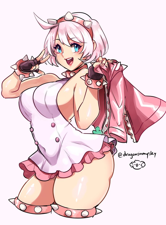 ahoge, arc system works, cleavage, dragonsinmysky, elphelt valentine, fat thighs, fingerless gloves, guilty gear, guilty gear strive, hi res, shiny skin, short dress, short hair, short skirt, side boob, thick thighs, thighs